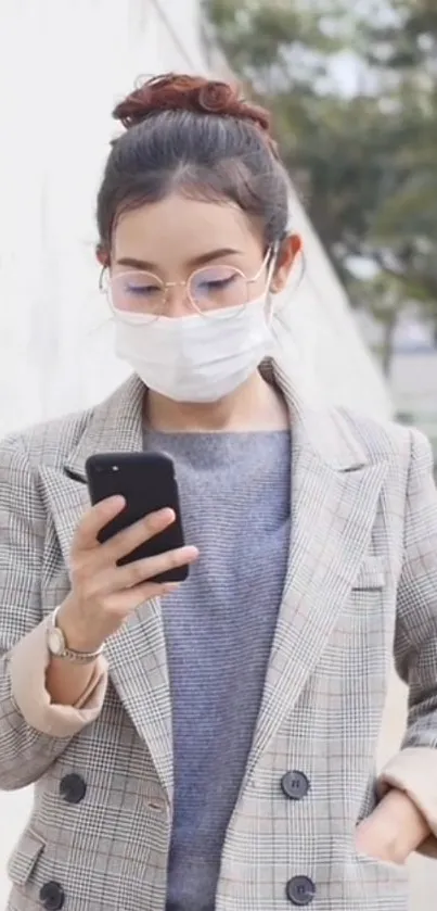 Stylish individual with plaid coat and mask holding a mobile phone.