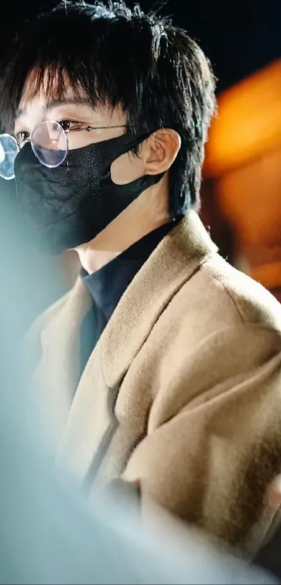 Stylish individual with glasses and a mask in a tan coat, urban background.