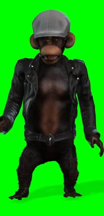 Fashionable monkey in a leather jacket on a bright green background.