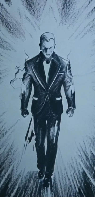 Monochrome illustration of a stylish figure in a black suit.