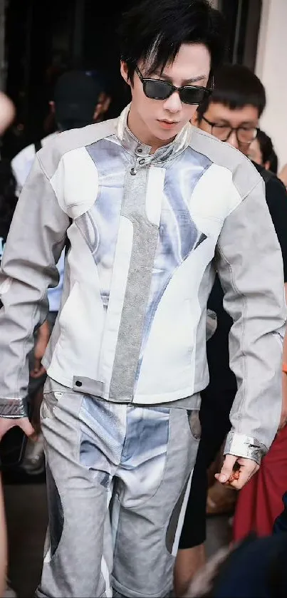 Futuristic grey fashion attire in a crowd setting.