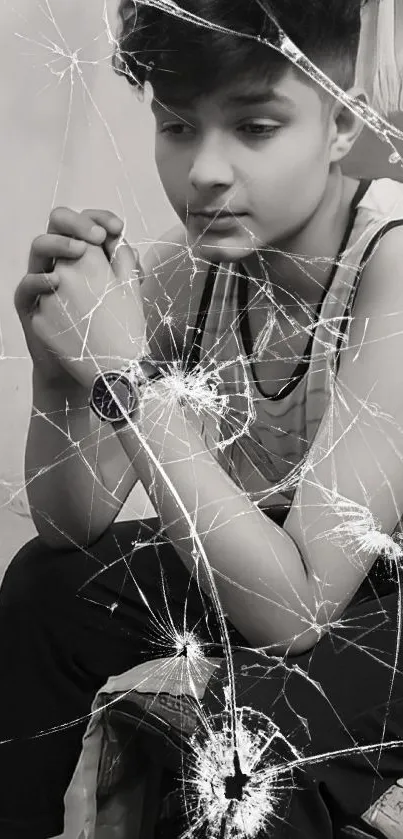 Monochrome image of a young person sitting thoughtfully.