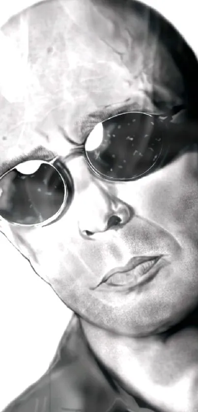 Monochrome illustration of a person with sunglasses, stylish portrait art.