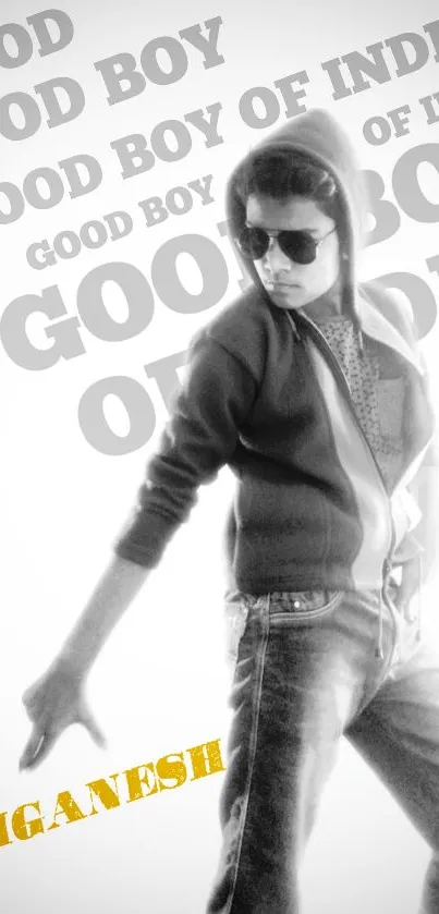 Monochrome wallpaper of a stylish youth posing dynamically.