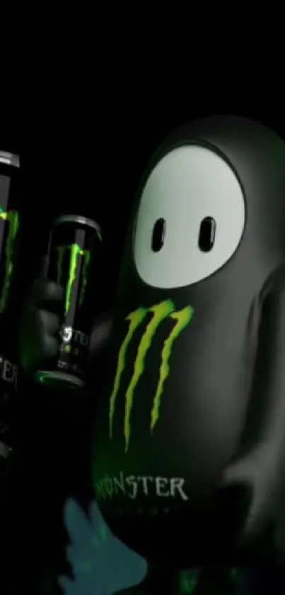 Cartoon figure holding Monster Energy cans against a black backdrop.