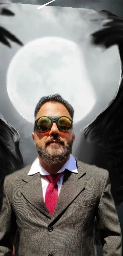 Man in suit with wings against moonlit background.