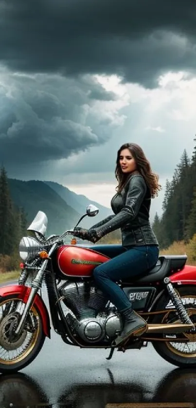 Woman on a red motorcycle under stormy skies on a scenic road