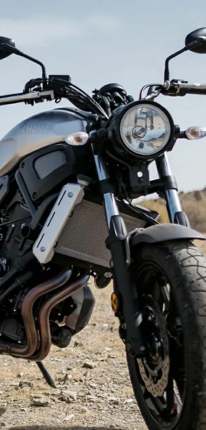 Sleek modern motorcycle parked on rugged terrain landscape.