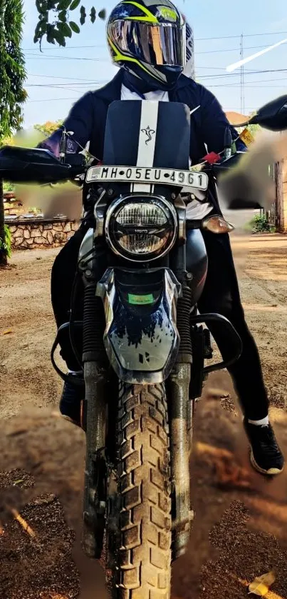 A stylish motorcycle rider on a dirt road, ready for an adventure.