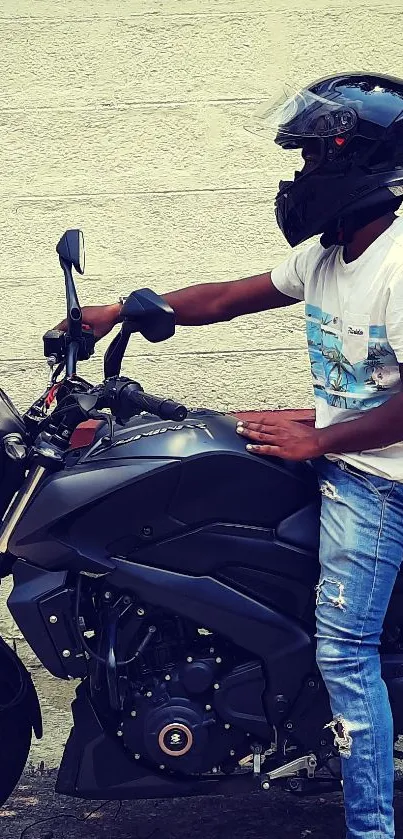 A stylish motorcyclist on a black bike with a textured backdrop.