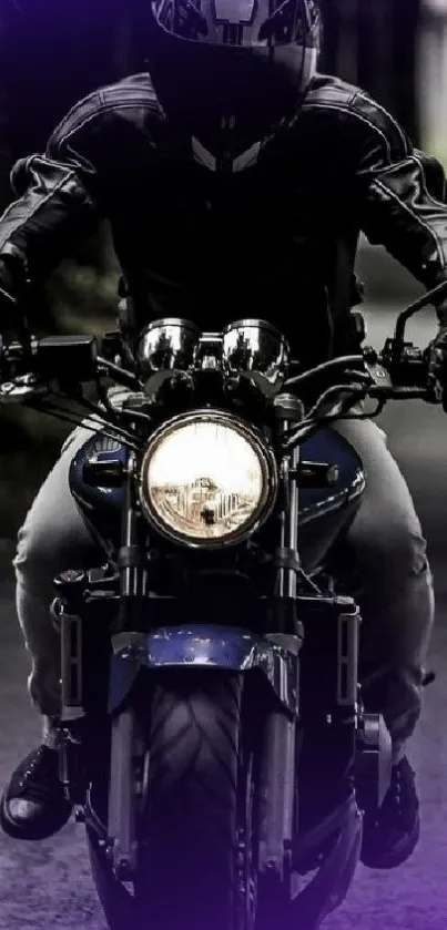 Motorcyclist in black gear on road, showcasing a thrilling ride.