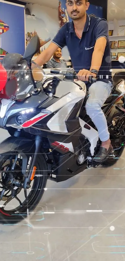 Motorcycle rider on a sleek bike indoors