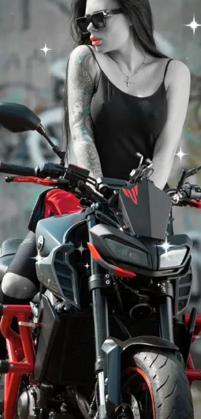 Tattooed motorcycle rider with stylish bike and graffiti backdrop.