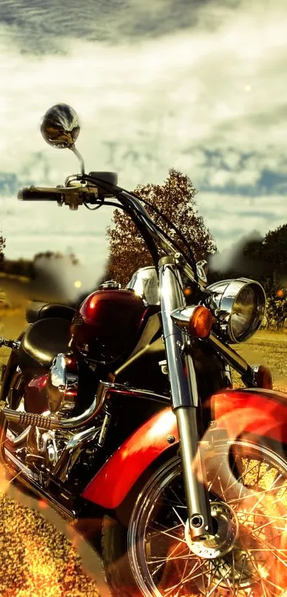 Motorcycle on a scenic open road with a fiery golden brown hue.