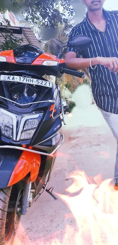 Motorcycle with orange highlights and rider on urban backdrop.