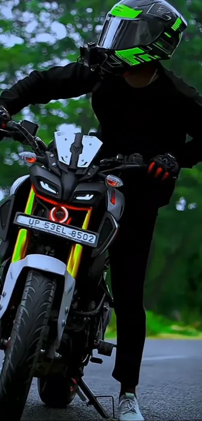 A stylish motorcyclist on a road with a vibrant green backdrop.