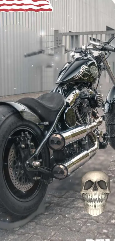 Sleek motorcycle with skull art and flag background.