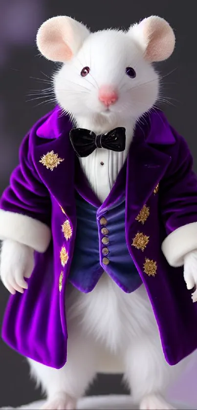 Mouse wearing a purple suit with white accents, looking stylish.