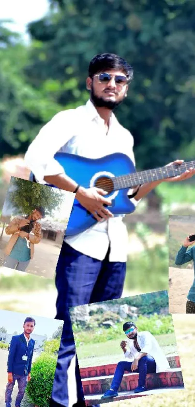 Collage wallpaper featuring a stylish guitarist outdoors.