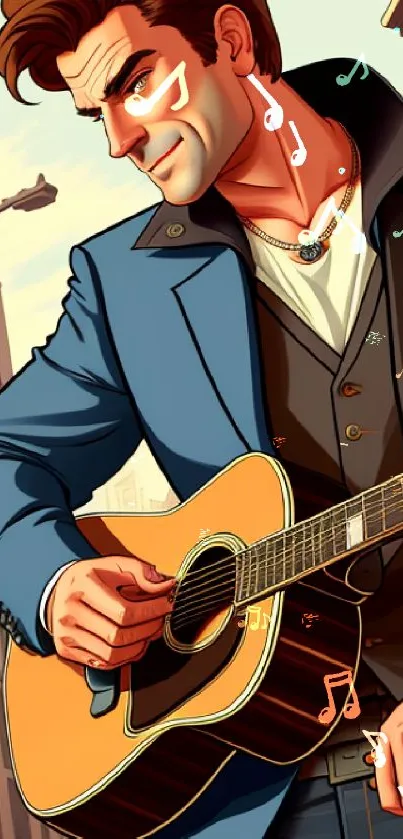 Stylish musician with guitar in a cityscape artwork.