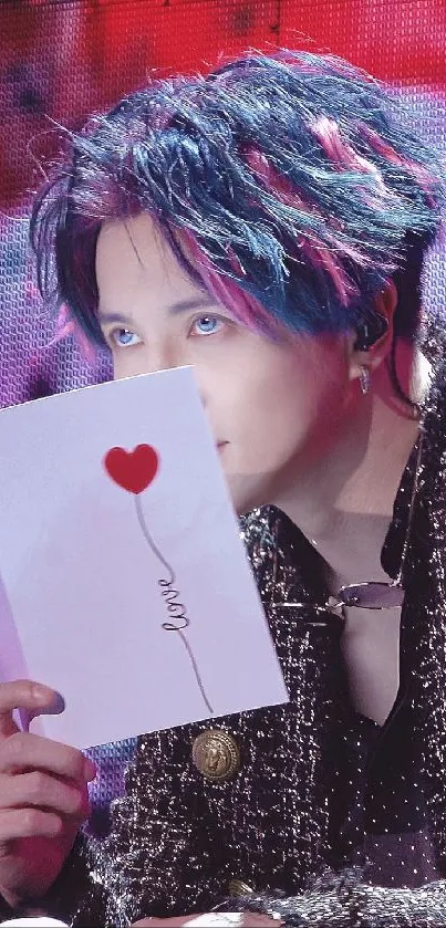 Musician with vibrant hairstyle and a heart card on stage.