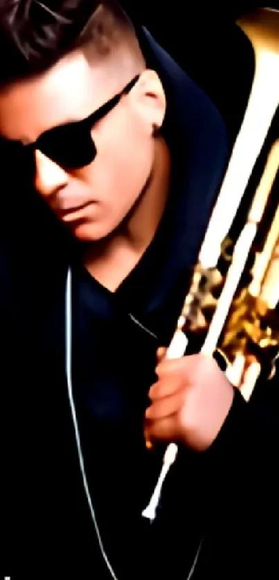 Stylish musician holding a trumpet in black-themed wallpaper.