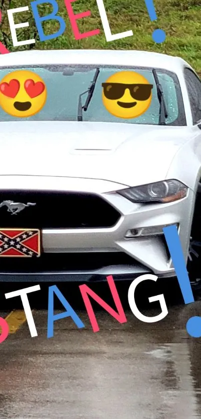 White Mustang with bold emojis and text on a rainy day.