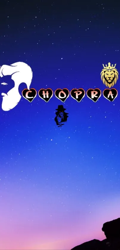 Galaxy wallpaper with the name Chopra and a lion emblem on indigo backdrop.