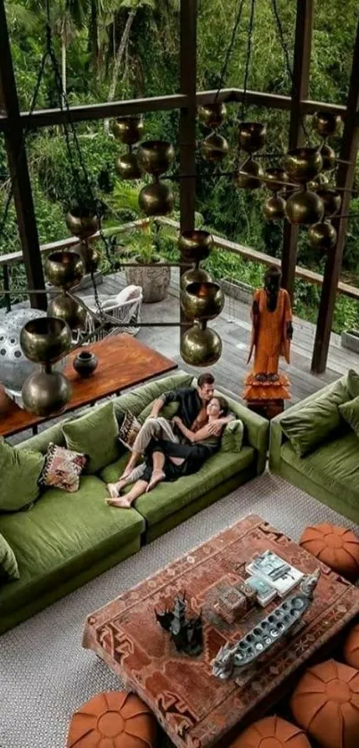 Nature-inspired living room with green sofas and a rustic coffee table.