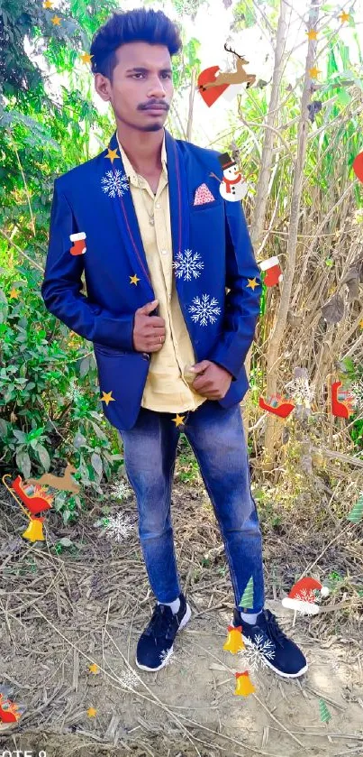 Stylish man in blue suit amidst lush greenery background.