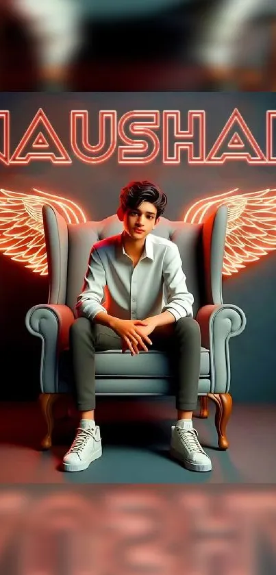 Person with neon angel wings sitting in a chair.