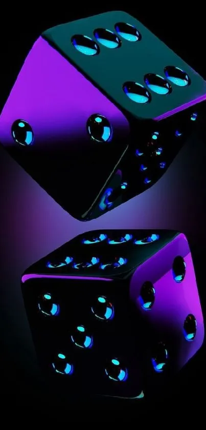 Neon purple and blue dice on a dark background.