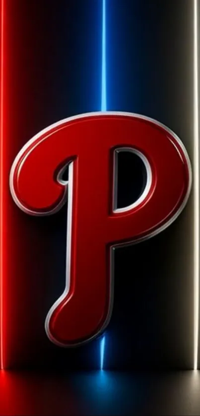 Neon red letter P on a dark background.