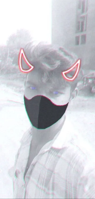 Monochrome portrait with neon mask and stylish look.