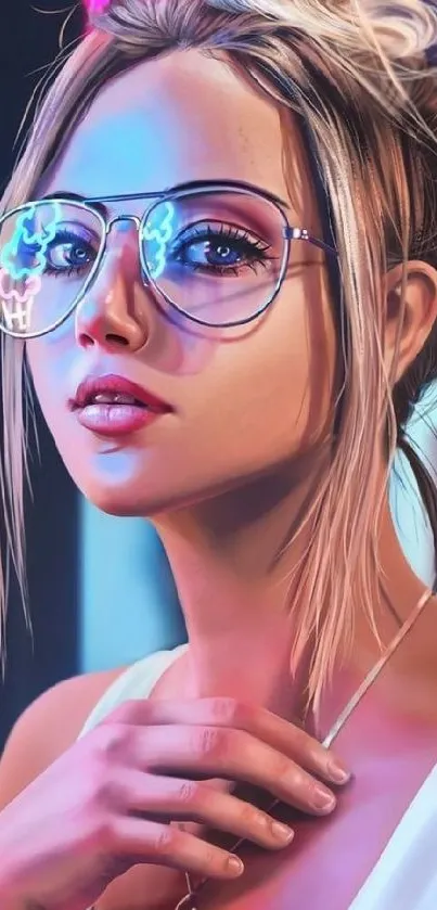 Neon portrait of a stylish woman wearing glasses.