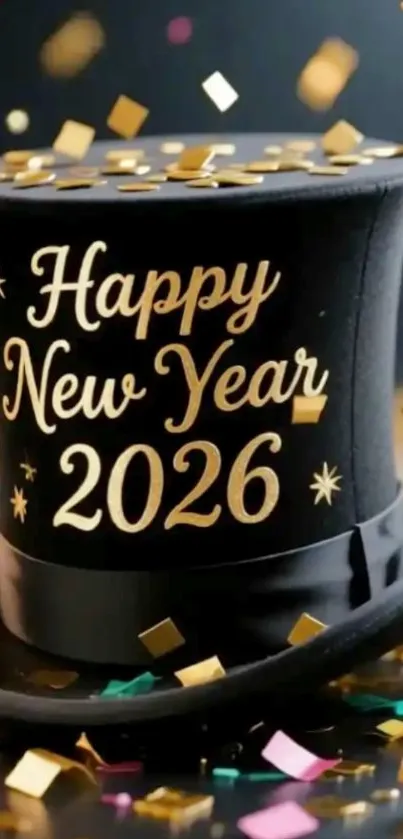 Festive New Year 2026 wallpaper with black hat and confetti.