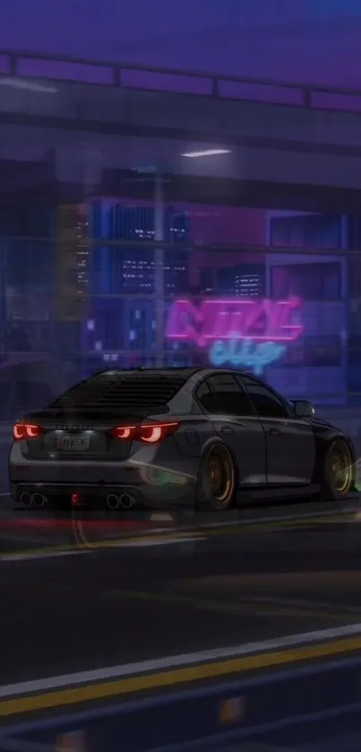 Sleek car in a neon-lit cityscape at night.