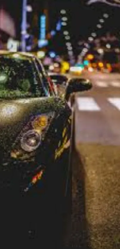 A sleek sports car on a vibrant city street at night.