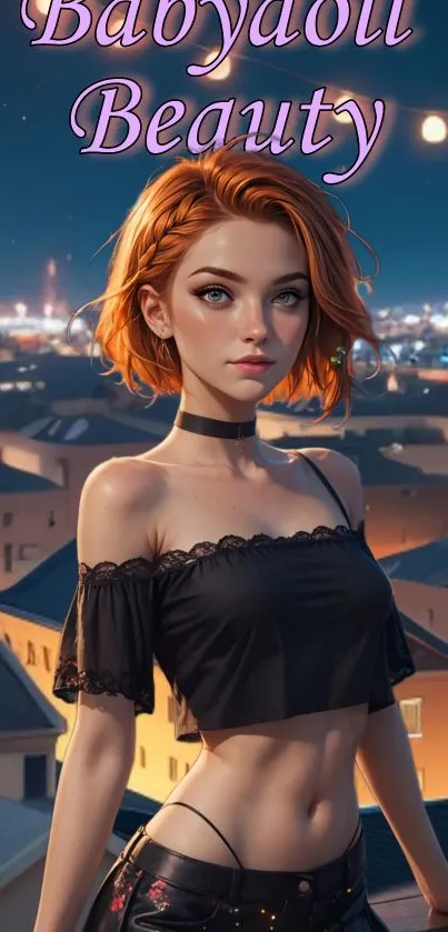 Animated girl in cityscape with night lights.