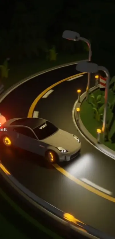 Car drifting on a curved road at night under streetlights.