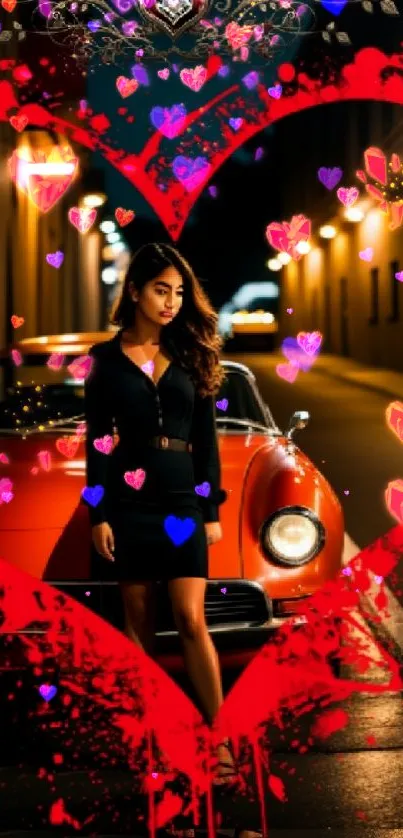 Stylish woman in black on urban street with red car and heart design.