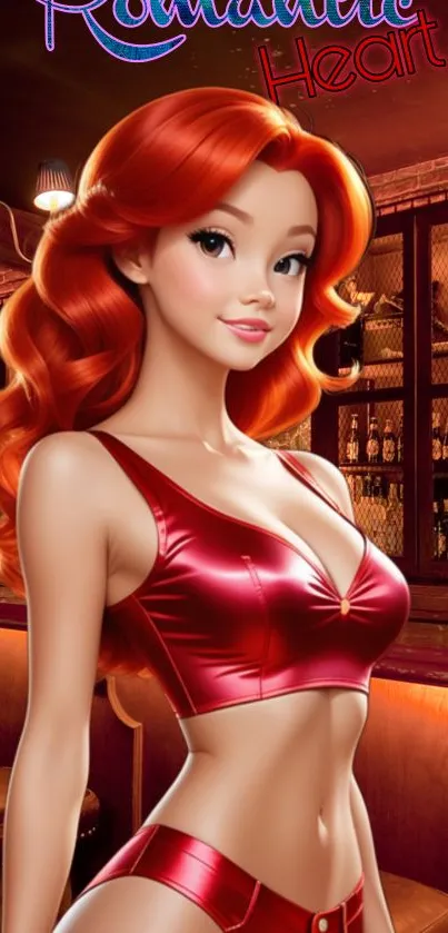 Stylish red-haired character in vibrant nightlife setting.