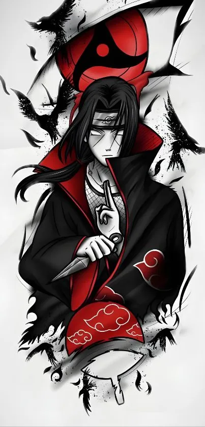 Anime ninja character in red and black design wallpaper.