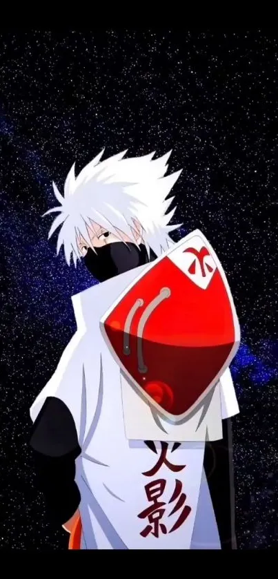 Anime ninja with red shield on galaxy background wallpaper.