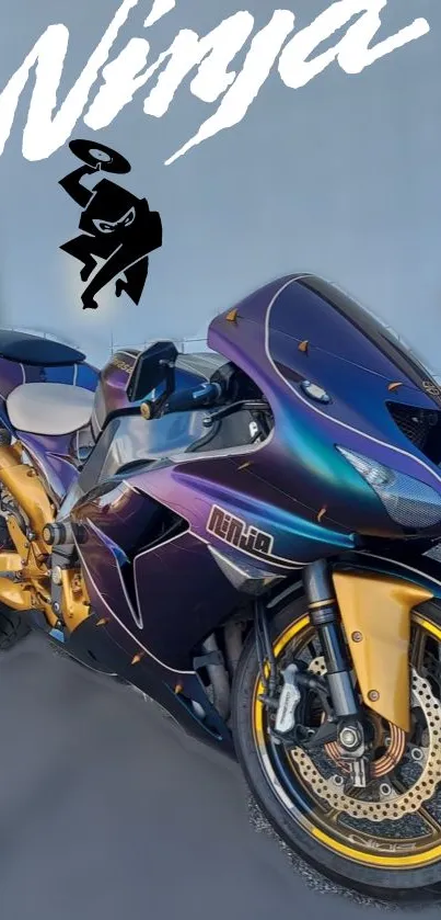 Purple and gold Ninja motorcycle on display.