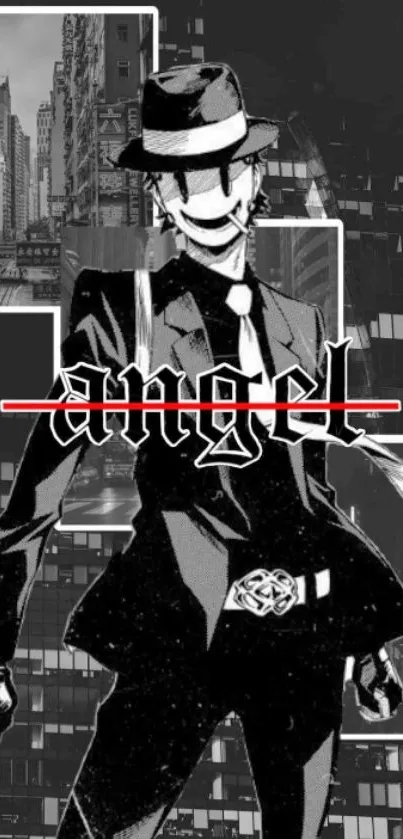 Noir anime character with cityscape background, stylish and mysterious design.