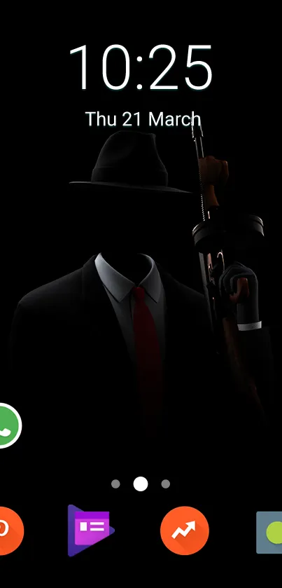 Noir-themed wallpaper with shadowy suited figure.