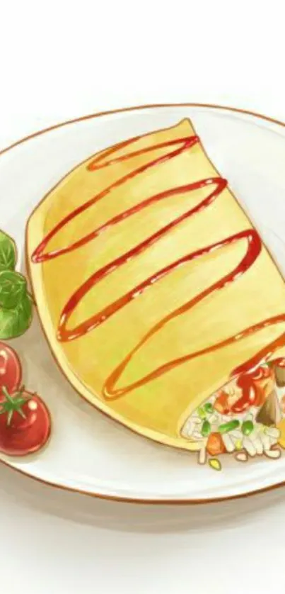 Artistic omelette with ketchup illustration for mobile wallpaper.