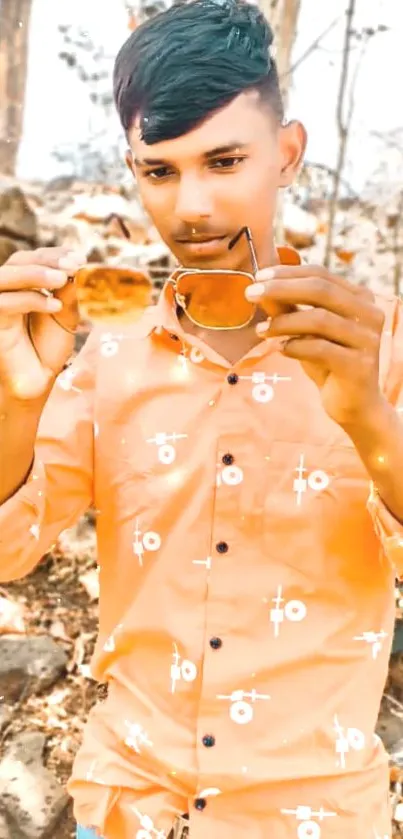 Man in orange shirt holding sunglasses, stylish outdoor look.