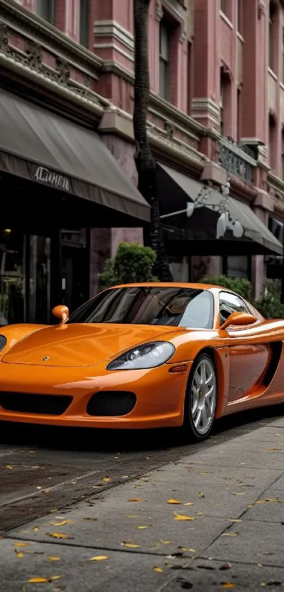 Vibrant orange sports car parked in a stylish city street scene.